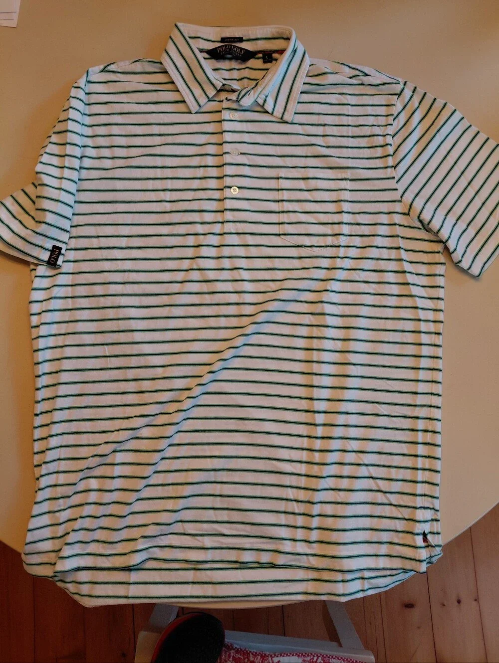 Polo Golf Ralph Lauren Mens Size L Stretch Lisle White Blue  Striped Polo Shirt